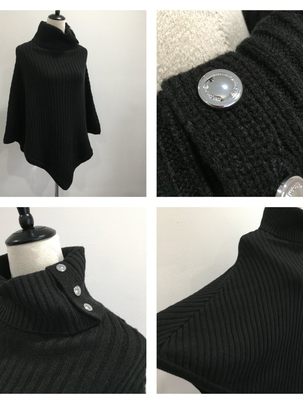 NWT MICHAEL KORS Black Turtleneck Silver Logo Button Ribbed Knit Poncho Sweater